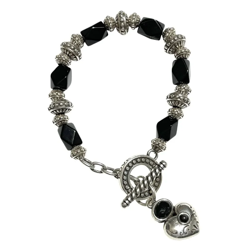 Brighton Toggle Bracelet Silver Plated Black Faceted Glass Bead Heart Love 7.5